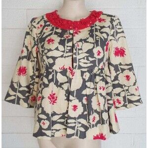 Nanette Lepore 4 Gray Cream Coral Beaded Floral High Waist Lined Jacket